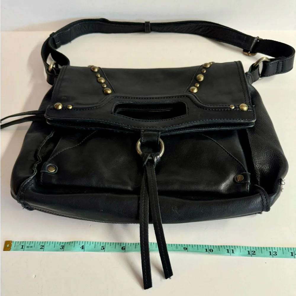 Lucky Brand Abbey fold over black leather studded messenger bag.Very Clean.